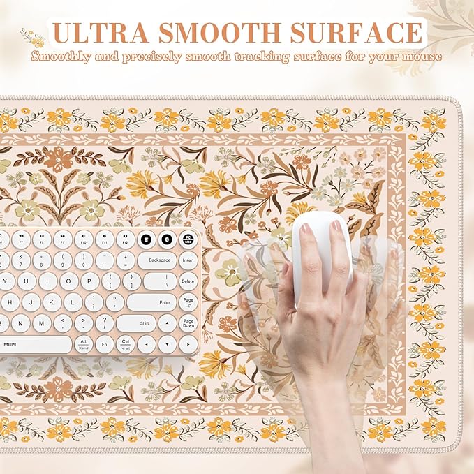 iCasso Desk Matt for Desktop, Cute Desk Pad Mat, XXL Large Mouse Pad, Anti-Slip Big Mousepad with Stitched Edges, Keyboard Pad Mouse Mat for Computer (Yellow Floral)
