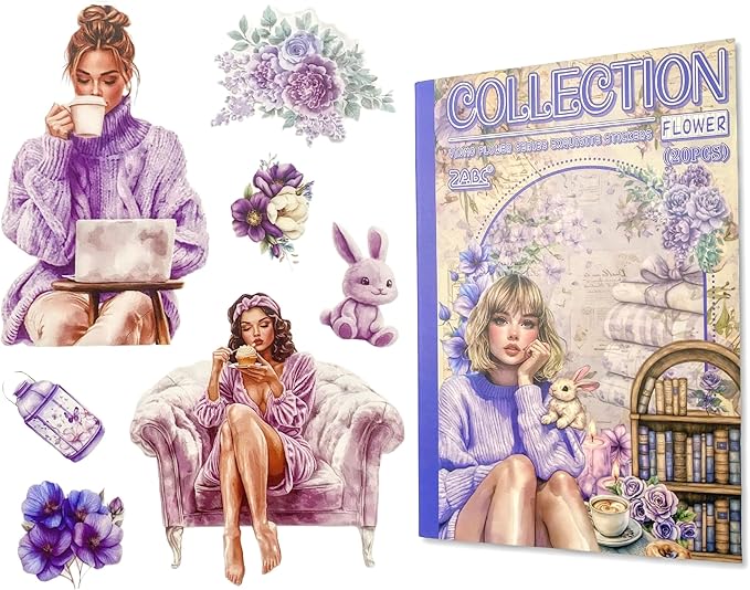TIAMECH Cloud Flower Gathering Sticker Book - Purple Girl Series, 20 Sheets PET & Washi Stickers for Scrapbooking, Ephemera, Waterproof Junk Journaling Supplies & DIY Crafts