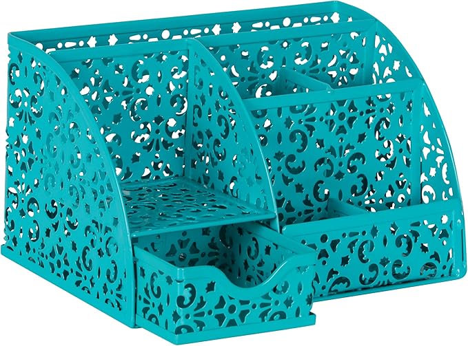EasyPAG Pen Holder Desk Organizer with Drawer Pencil Cup for Desk 6 Compartments Metal Office Caddy Storage with Sticky Notes Holder for School Home Office, Dark Teal