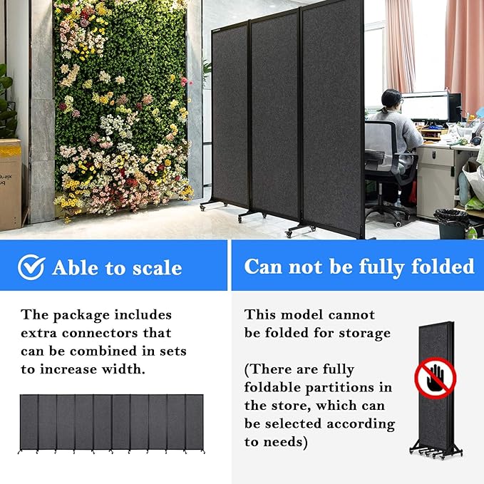 Upgrade Version Room Partition and Divider, Freestanding Rolling Dividers with Wheels,Office Privacy Screen Divider Wall,Classroom Felt Dividers,6'L* 6'7"H,3 Panel,Dark Grey