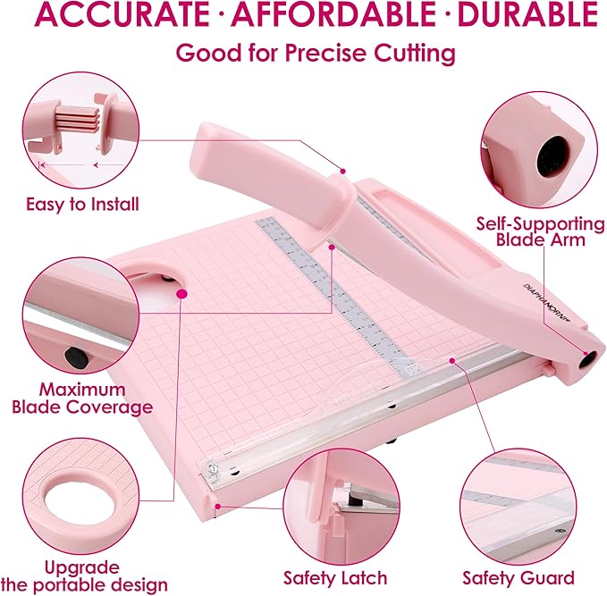 Paper Cutter Trimmer for Office&Crafts, Heavy Duty Guillotine Paper Trimmer with Portable Base Design/Safety Protection and Blade Lock, Paper Cutter 12 Sheets, Cardstock/Laminate (Pink)