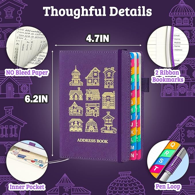 Address Book with Colorful Alphabetical Tabs (4.7" X 6.2") – Telephone Address Contact Book for Seniors, Address Book with Space for Website Address and Internet Passwords (Royal Purple)