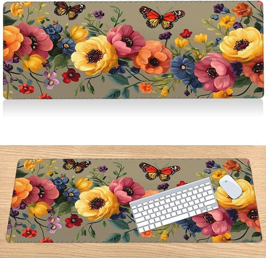 31.5”x11.8”Large Gaming Mouse Pad for Desk, Mouse Mat with Seamed Edges, Waterproof Desk Pad, Non-Slip Rubber Base, Keyboard Pad Computer Mat, Big XL Mousepad-Boho Floral with Butterflies