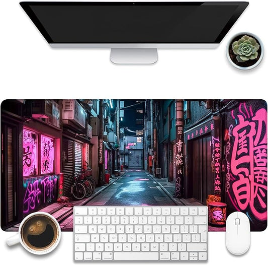 Desk Pad, Anime City Street Scene Desk Mat, Pink Neon Street Large Gaming Mouse Pad for Desk, 31.5"x15.7" Extended Big Computer Keyboard Mouse Pad with Non-Slip Base and Stitched Edge
