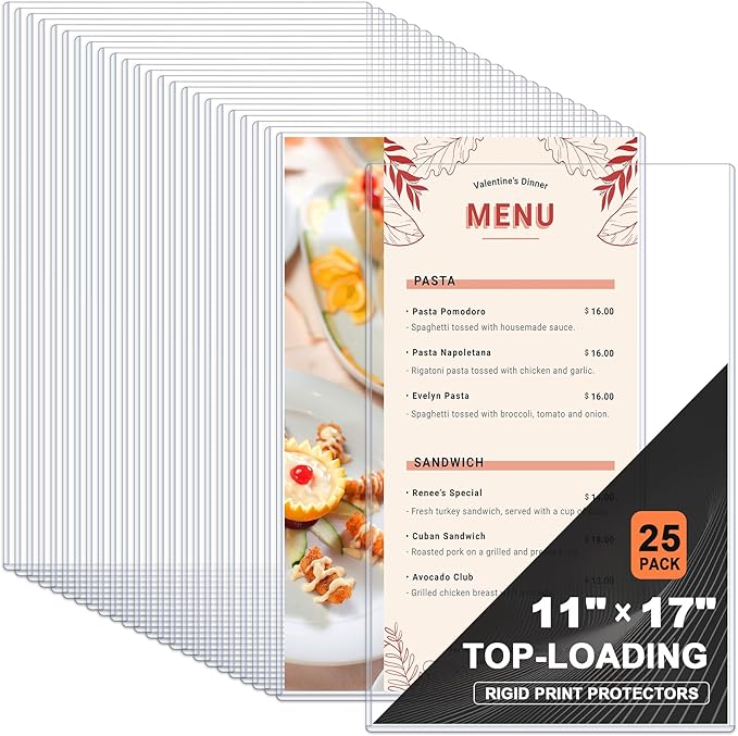 Ndsox 25 Pack 11" x 17" Rigid Print Protectors - Heavy Duty Hard Plastic Sheet Page Protectors - Crystal-Clear Menu Holders - Top Loading Art Prints Sleeves for Documents Magazines Posters Photographs