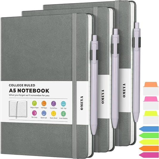 OMEYA Lined Journal Notebook, 3 Pack A5 College Ruled Notebooks for Work, Hardcover Notebook Each with 2 Pockets & Pen, Leather Journal for Women, Men, 160 Pages, 100GSM Thick Paper (Grey)