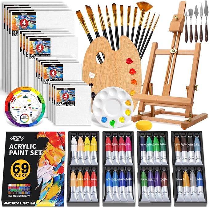 ARTALLY Acrylic Paint Set for Adults & Kids, 69 Pcs Canvas Painting Kits, 32 Colors Acrylic Paint (22ML),Table Easel,Brushes,Canvas, Art Painting Supplies Kit for Students,Artists,Beginners
