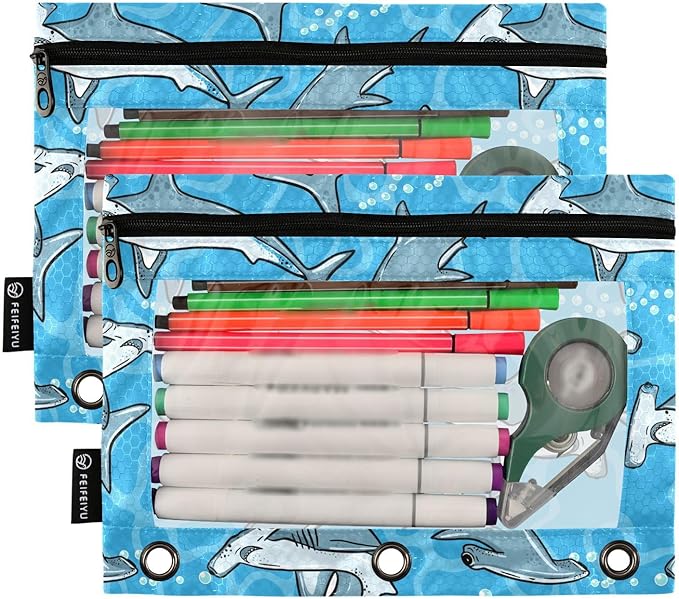 ZAZYXTJ Hammerhead Shark Binder Pencil Pouchs 3 Ring with Zipper Clear Window Office Organizers bag for School Students Teacher Supplies 2 Pack