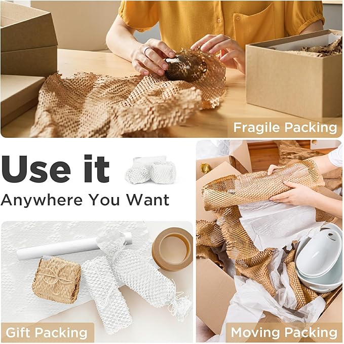 Honeycomb Packing Paper, 12"x50' White | Perforated Honeycomb Packing Paper Recyclable Moving Supplies for Shipping & Moving | Plastic-Free Alternative to Bubble Cushion Wrap with 36 Fragile Stickers