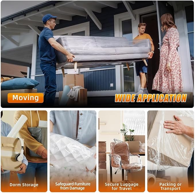 BETU Plastic Wrap Stretch Film for Moving Supplies 5inch X 1000ft, Shrink Wrap Stretch Roll Industrial for Furniture Wrapping Shipping Pallet Moving Boxes Storage with Handles, 2 Pack, Clear