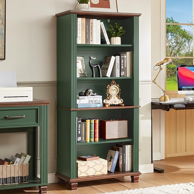 70" Tall Green Bookshelf,5 Tier Wooden Book Shelf with Adjustable Shelves & Wood Legs,Free Standing Farmhouse Bookcase with Open Display Storage,Vintage Bookshelves for Library, 3PCS