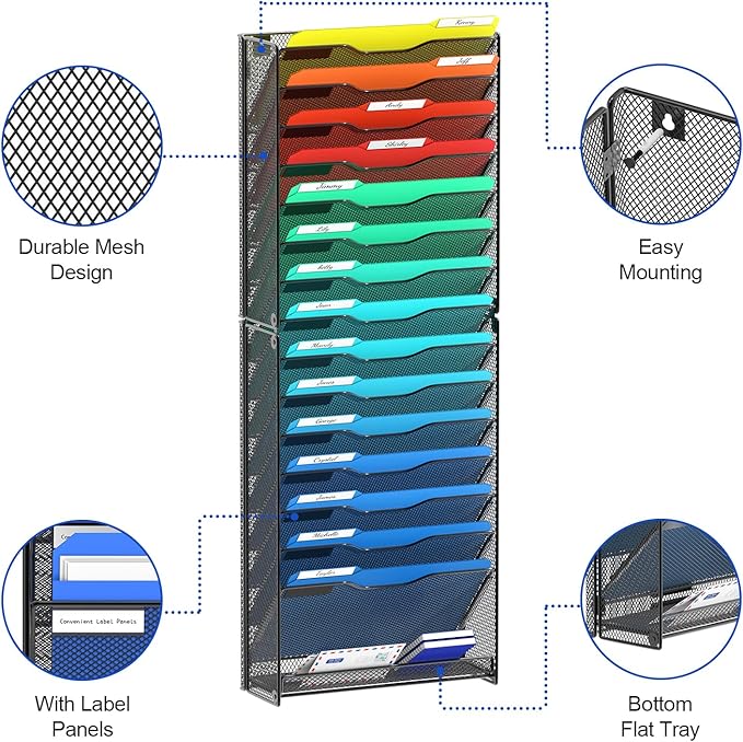 samstar 16 Tier Wall File Organizer Hanging Wall File Holder Wall Mount Paper Folder Organizer, Magazine Rack, Mesh Made,Black