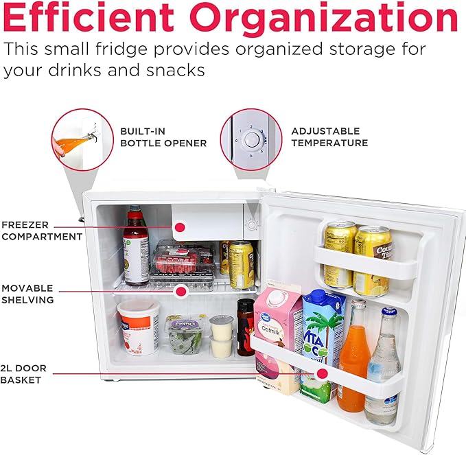 Frigidaire Retro Compact Fridge with Chiller, Countertop, Built-In Bottle Opener, Compact Refrigerator 1.6 cu ft, Mini Fridge for Office, Bedroom, Dorm Room or Cabin - 16" D x 18" W x 18.5" H (White)