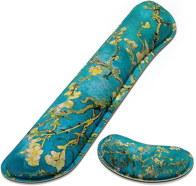 Dapesuom Enlarge Keyboard Wrist Rest, Memory Foam Wrist Cushion for Desk Mats Support, Cute Pain Relief Keyboard Mouse Pad Rests Set with Non-Slip Base for Gaming Laptop Office Computer, Blue Flower