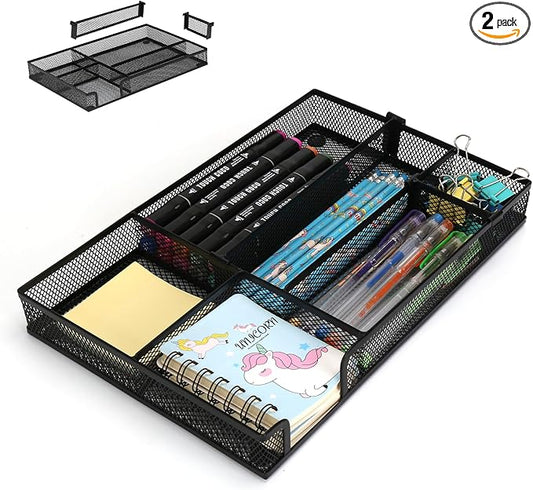 Desk Drawer Organizer Tray, 4 to 6 Grid Drawer Divider with 2 Adjustable Compartments, Metal Mesh Desk Organizer for Stationery Makeup Kitchen Toolroom School &Office, 12.6x8.26x1.57 in, 2 PCS