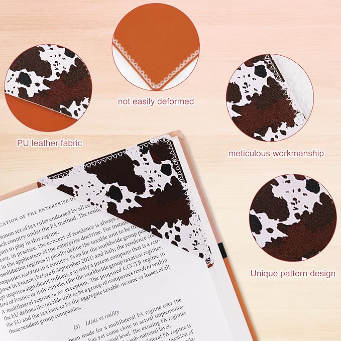 4 Pieces Leather Bookmarks, Cute Book Accessories for Reading Lovers, Page Markers for Women Men Kids Students Teachers Retirement Birthday Gift (Cow Print)