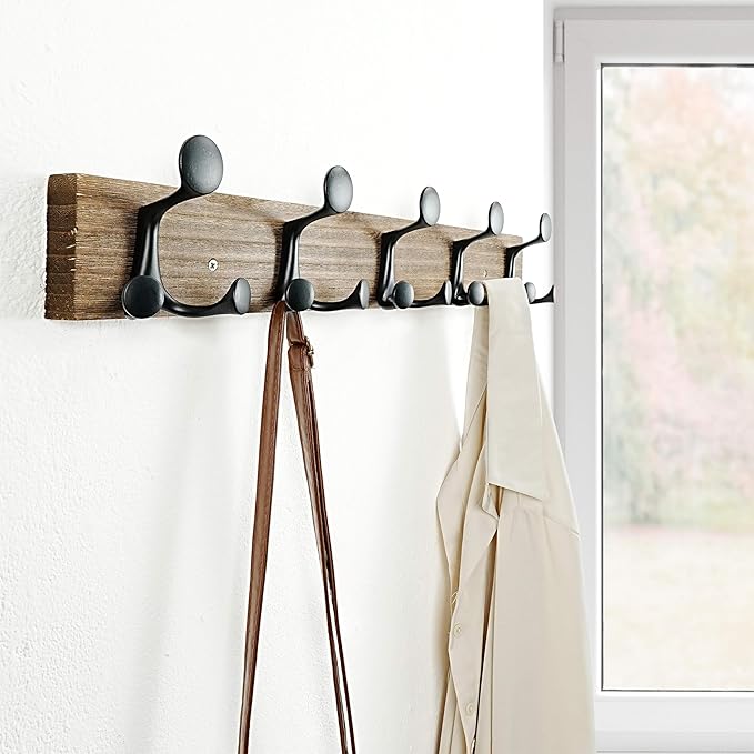 SKOLOO 24-Inch Wood Burnt Coat Rack Wall Mount with 5 Triple Hooks - Ideal for Family Entrances, Classrooms, and Pet Supplies Storage - Perfect Coat Hooks for Wall