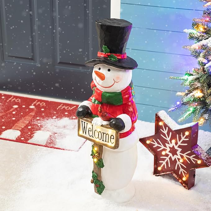 Glitzhome 29.25"H Christmas Resin Snowman Porch Decor with 8 Warm Lights and Timer, Xmas Winter Wall Yard Standing for Patio Front Porch Indoor Outdoor Home Welcome Sign Decor