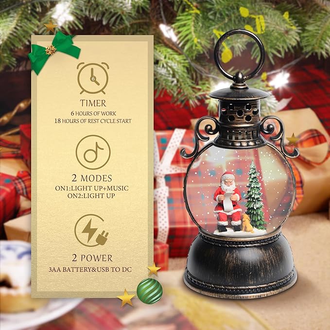 Christmas Snow Globes, Santa Claus and Dog Christmas Lantern with 8 Songs, 6H Timer Battery & USB Powered Glitter Music Box for Christmas Table Decorations Holiday Girl Boy Adults Gifts