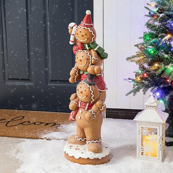 Glitzhome 29.25"H Christmas MGO Stacked Gingerbread Man Porch Decor, Xmas Winter Patio Front Porch Indoor Outdoor Home Standing Decor