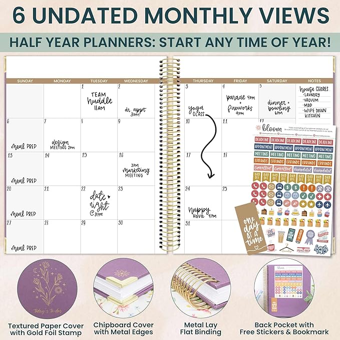 bloom daily planners Undated To-Do List Planner with Hourly Timed Schedule for Appointments - 185 Daily Pages (Half Year) - Hard Cover Page A Day Agenda (7” x 9”) - Purple Linen
