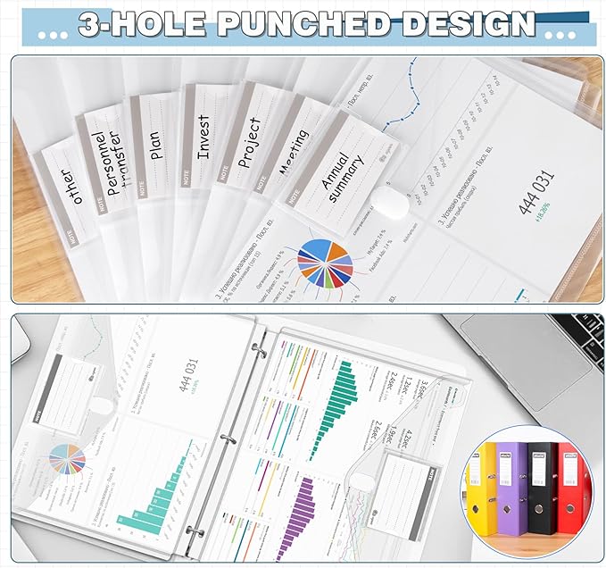 Clear Binder Pockets for 3 Ring, 28 PCS Plastic Binder Folders Envelopes with Extra-Long Hook and Loop Closure, Letter Size Heavyweight Poly Binder Organizer with Label Pocket for School Office Home