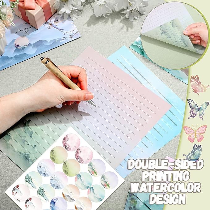 TaoBary 160 Pcs Stationery Paper Set 50 Double Sided Stationery Papers with 50 Matching Envelopes and 60 Round Dot Sticker, 10 Design(Ink Painting,8.5 x 11 Inch)