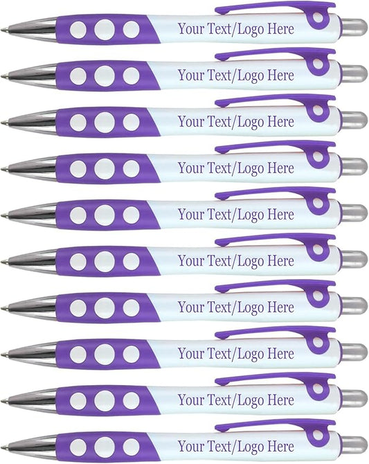 Personalized Ballpoint Pens With Custom Logo/ Text-350 Pack Bulk-for Businesses, Parties, & Events, Custom Printed, White Barrel with Matching Colored Clip and Grip, Click Pens, Black Ink, Purple