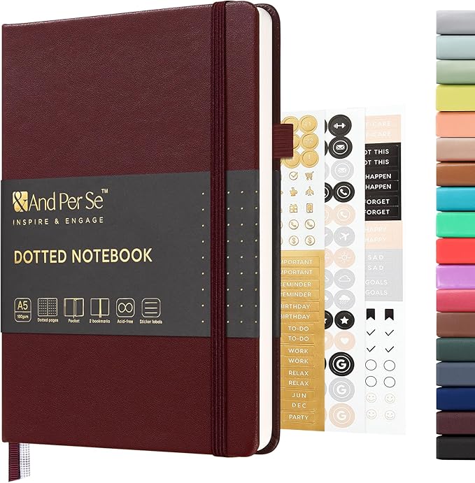 &And Per Se Dotted Journal Notebook, A5 Hardcover Leather Bullet Dotted Journal, 160 Pages 100 gsm Thick Paper，3 Sheets of Stickers Included - 5.7'' x 8''（Dark Red）