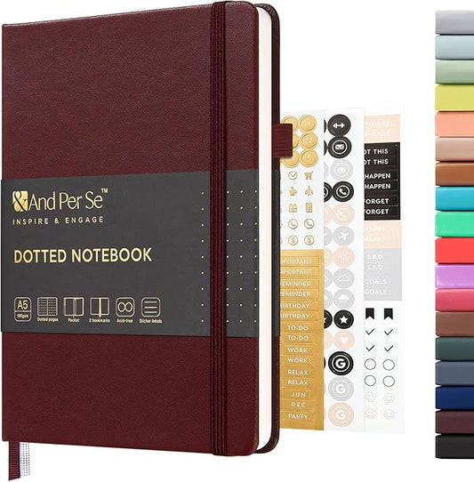 &And Per Se Dotted Journal Notebook, A5 Hardcover Leather Bullet Dotted Journal, 160 Pages 100 gsm Thick Paper，3 Sheets of Stickers Included - 5.7'' x 8''（Dark Red）