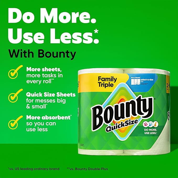 Bounty Quick-Size Paper Towels, White, 8 Family Triple Rolls = 27 Regular Rolls