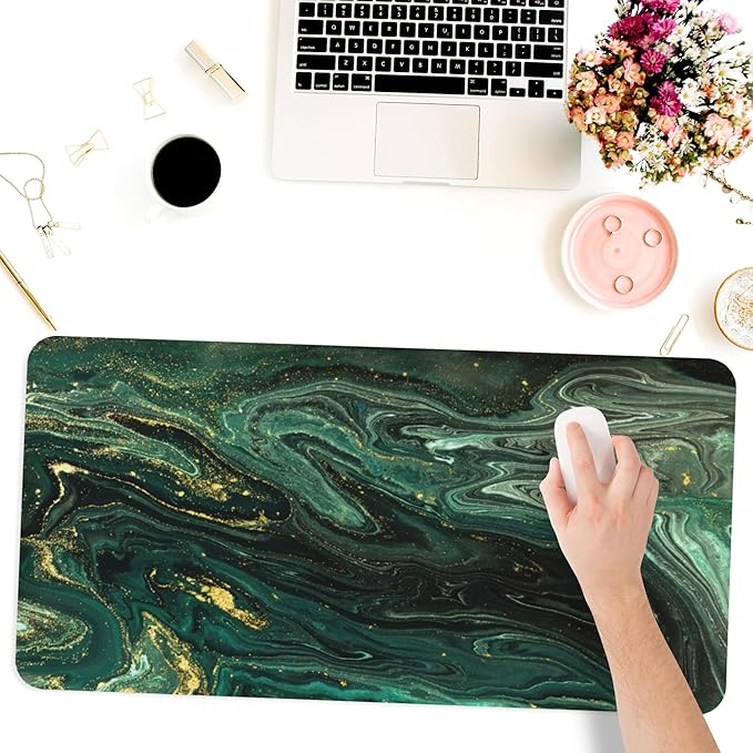 Desk Mat,Green Gold Liquid Marble Extended Gaming Mouse Pad for Office Work & Game,Computer Keyboard Mouse Mat Desk Non-Slip Rubber Base Large Mousepad with Stitched Edges, 31.5x15.7inch