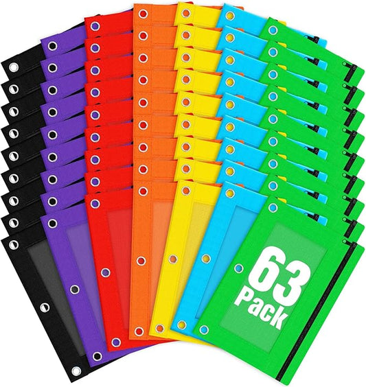 Officygnet 63 Pcs Pencil Pouch for 3 Ring Binder, Bulk Pencil Case Pouch with Clear Window, Pencil Bags with Smooth Zipper, Pencil Pouch for School Office Classroom Supplies(7 Color)