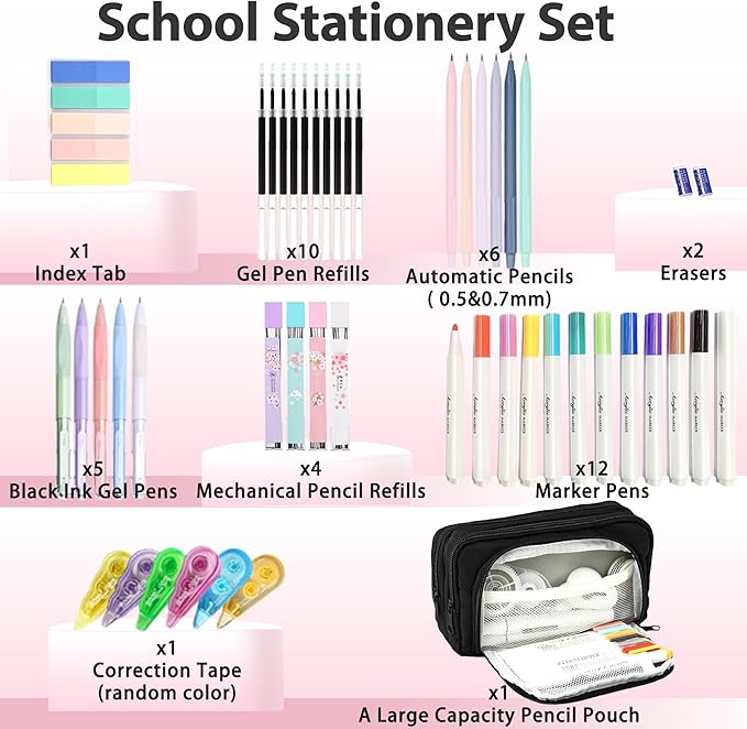 42 PCS Aesthetic School Supplies with Large Pencil Case, 12 Marker Pens with box, 5 Black Ink Gel Pens, 6 Mechanical Pencils Set, Sticky Notes, Complete Essentials Stationery Kit for Students