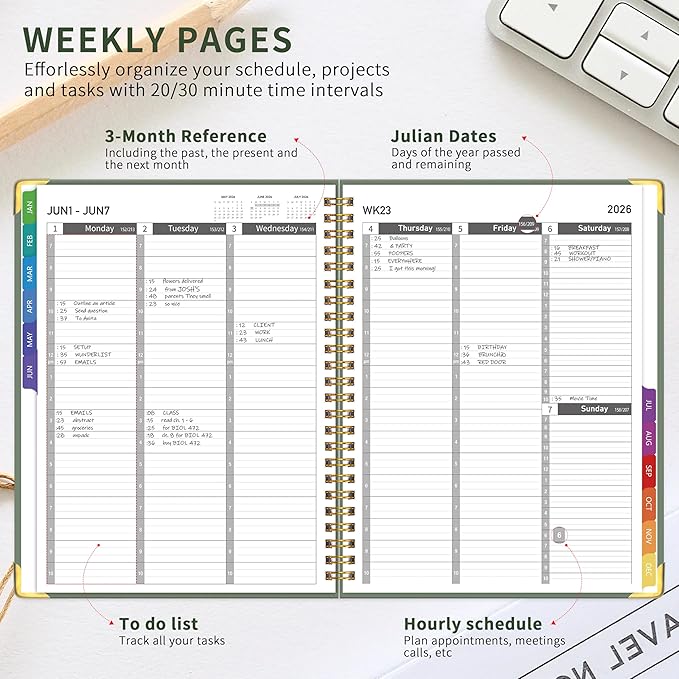 2026 Appointment Book/Planner - 2026 Daily Hourly Planner from Jan. 2026 - Dec. 2026, Weekly appointment Book 2026, 2026 Hourly planner with 20-Minute Interval, 9" x 11", Twin-Wire Binding, Colorful Tabs, Pocket - Green