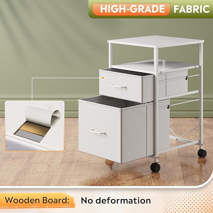 DEVAISE 2 Drawer Fabric Vertical Filing Cabinet, Rolling Printer Stand, White