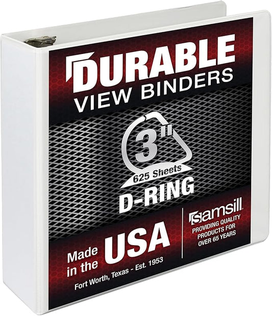 Samsill Durable 3 Inch Binder, Made in The USA, D Ring Binder, Customizable Clear View Cover, Pearl White, Holds 625 Pages