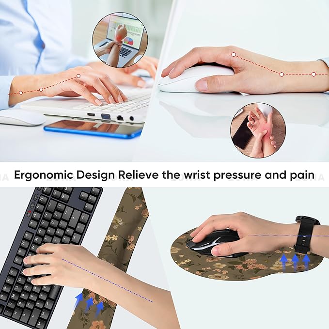 Ergonomic Keyboard Mouse Pad Wrist Rest Support Set for Laptop/Computer/Desktop,Memory Foam Hand Rest Wrist Cushion for Gaming/Office,Lightweight Comfortable & Pain Relief (Flowers)