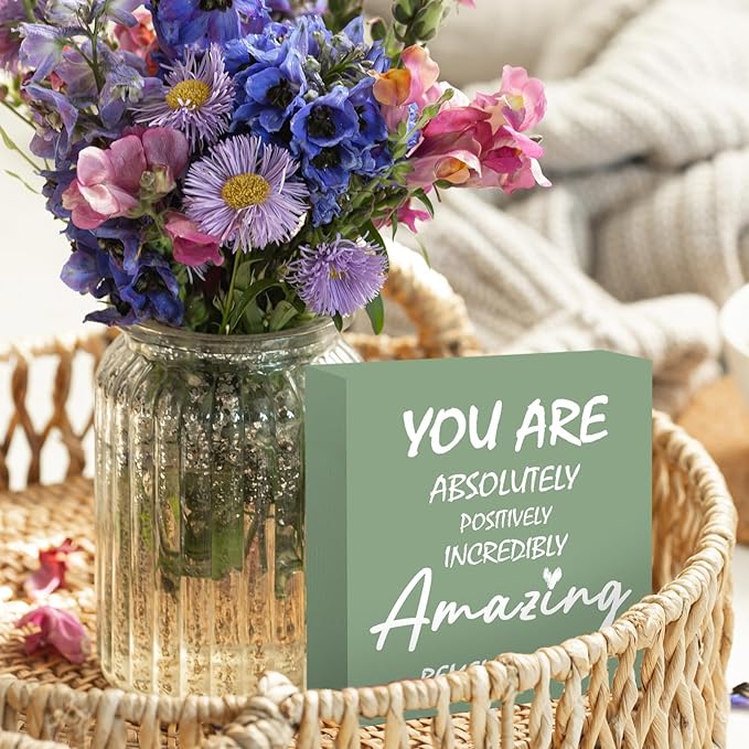 Sage Green Office Desk Accessories Decor Sign Inspirational Gifts for Women - Inspirational Wood Box Sign for Kid Room Decor Home Decoration Office Table Decoration Motivational Gift