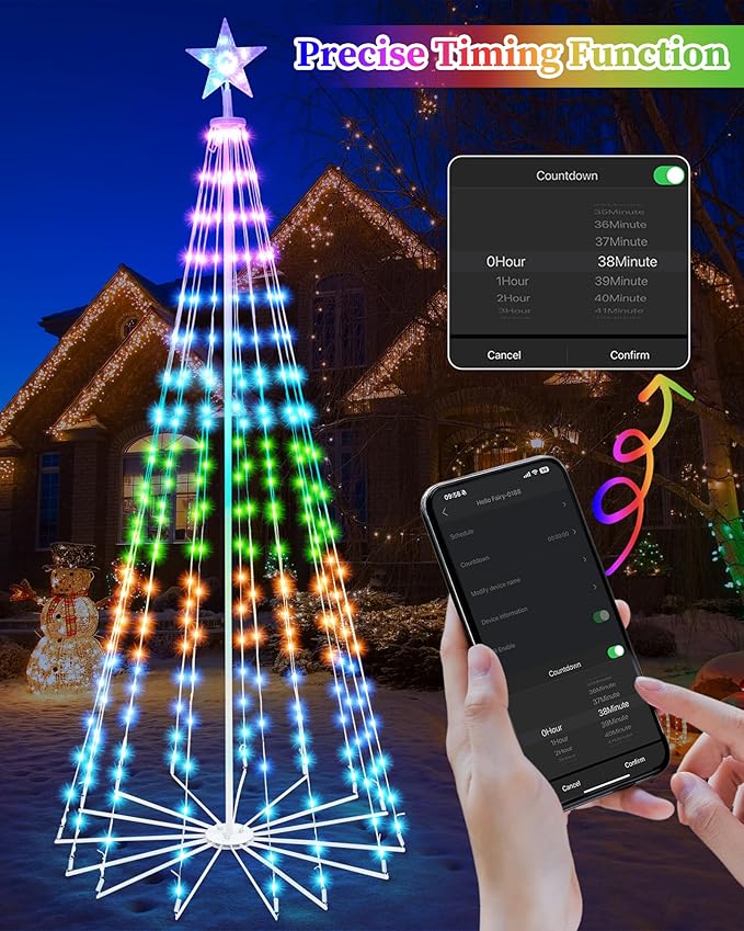 Brightever 6FT 265 LED Smart Cone Christmas Tree, Outdoor Prelit Christmas Tree with 16 Million DIY RGB LED Light Show, Remote APP Control Color Changing Music Sync for Xmas Outdoor Decorations
