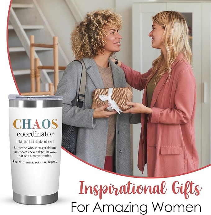 TEEZWONDER Christmas Thank You Gifts For Women - Chaos Coordinator Insulated Coffee Tumbler with Lid 20 oz - Teacher Retirement Appreciation Birthday Gifts for Women Friends Coworkers Boss Employee