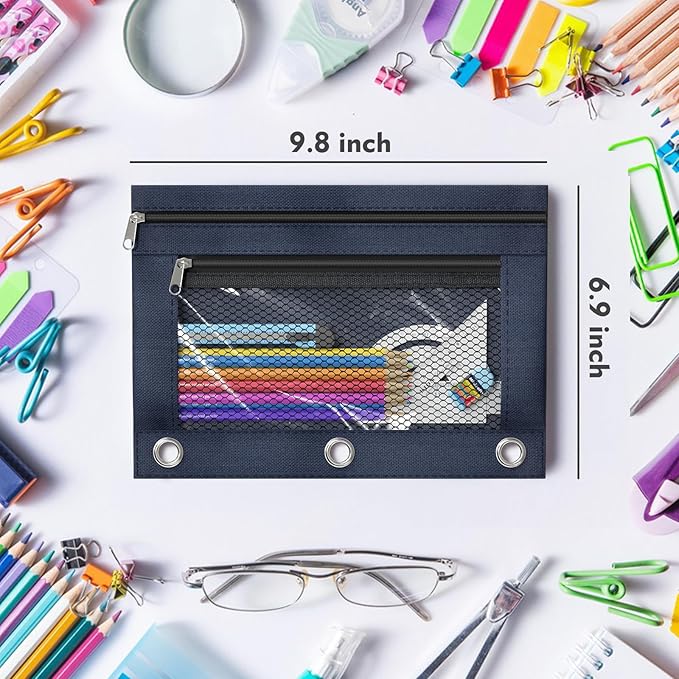 DoDoMagxanadu Binder Pencil Pouches, Pencil Pouch for 3 Ring Binder, Double Pocket Clear Window Pencil Case for Binder, Zippered Pencil Pouches with Rivet Enforced 3 Ring, 6 Pack