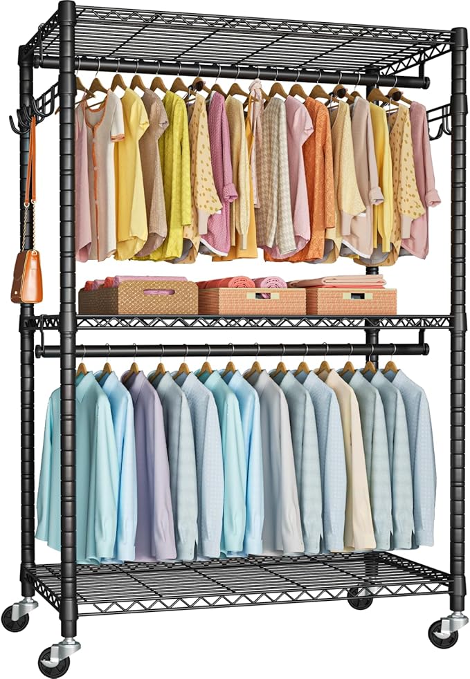 P1 Plus Rolling Clothes Rack, 22mm Diameter Heavy Duty Garment Rack with Wheels, Portable Closet Wardrobe with Double Rods, 45" W x 17.7" D x 80.5" H, Max Load 524 LBS, Black