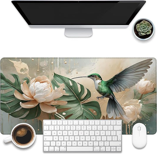 Desk Pad, Elegant Hummingbird Desk Mat, Oil Painting Flowers and Leaves Large Gaming Mouse Pad, 31.5"x15.7" Extended Big Computer Mouse Pad with Non-Slip Base and Stitched Edge