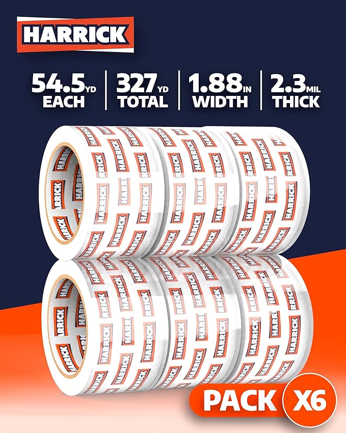 6 Pack Packing Tape Rolls 1.88 Inch - Strong & Durable Rolls of Tape - Packing Tape Roll for Shipping Boxes - Ergonomic Tape Gun Refill - 327 Yards