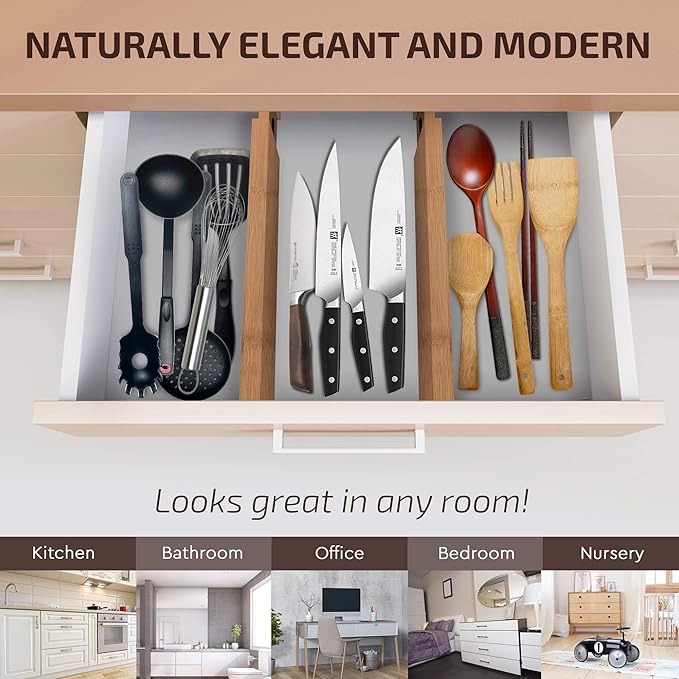 4 Pack Drawer Dividers Bamboo 2.6" High, 16-22" Adjustable Drawer Organizers for Clothes, Expandable Dresser Separators in Bedroom/Bathroom/Kitchen/Office Organization and Storage (Natural)