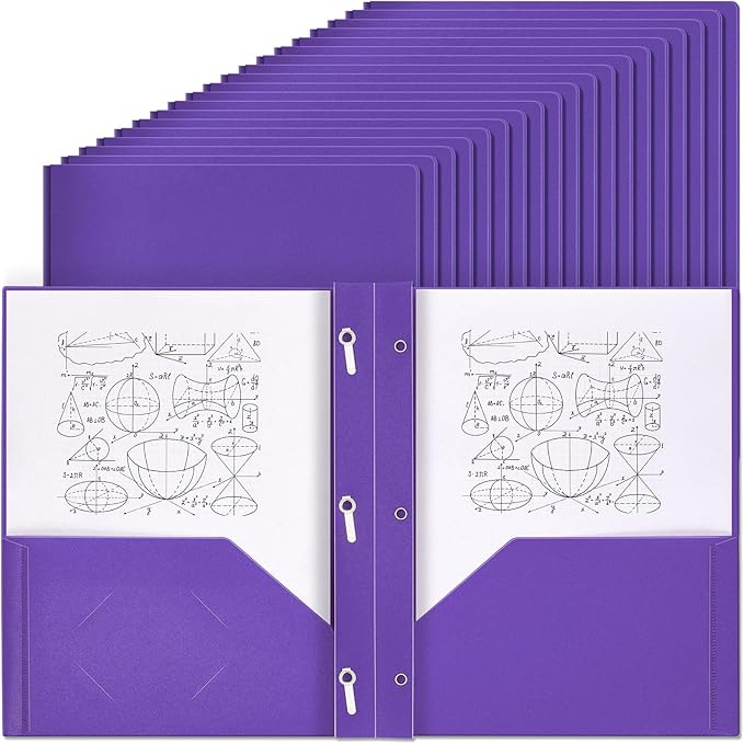 Yeaqee 30 Pcs Plastic Folders with Pockets and Prong Plastic Folders with 2 Pockets Pocket for Office, School for Students, Teachers, Office Workers (Purple)