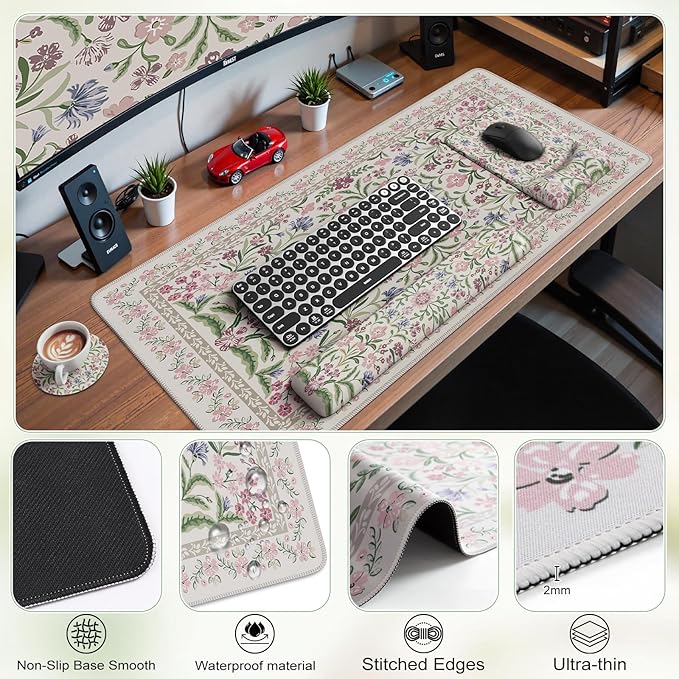 iCasso Mouse Pad with Wrist Rest,Large Desk Mat Set,Ergonomic Keyboard Pad with Wrist Support,Non-Slip Mouse Mat for Women,Cute Floral Computer Mat for Home Office Gaming (Purple Floral)
