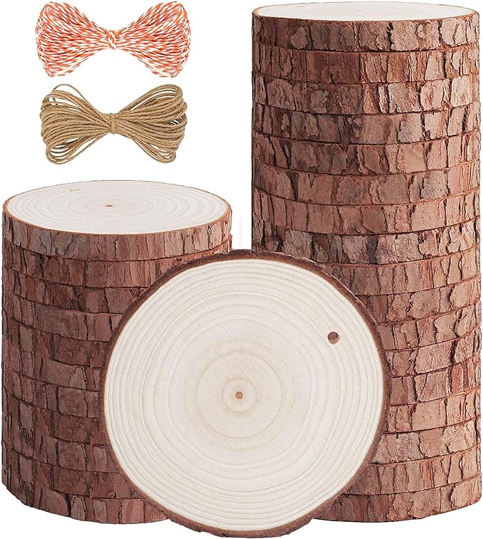 5ARTH Natural Wood Slices - 30 Pcs 3.1-3.5 inches Craft Unfinished Wood kit Predrilled with Hole Wooden Circles for Arts Wood Slices Christmas Ornaments DIY Crafts