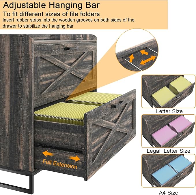 File Cabinet 2 Drawers Lateral File Cabinet with Charging Station for Letter/Legal/A4 Size Hanging Files, Large Wood File Storage Cabinets Printer Stand for Home Office, Dark Rustic Oak